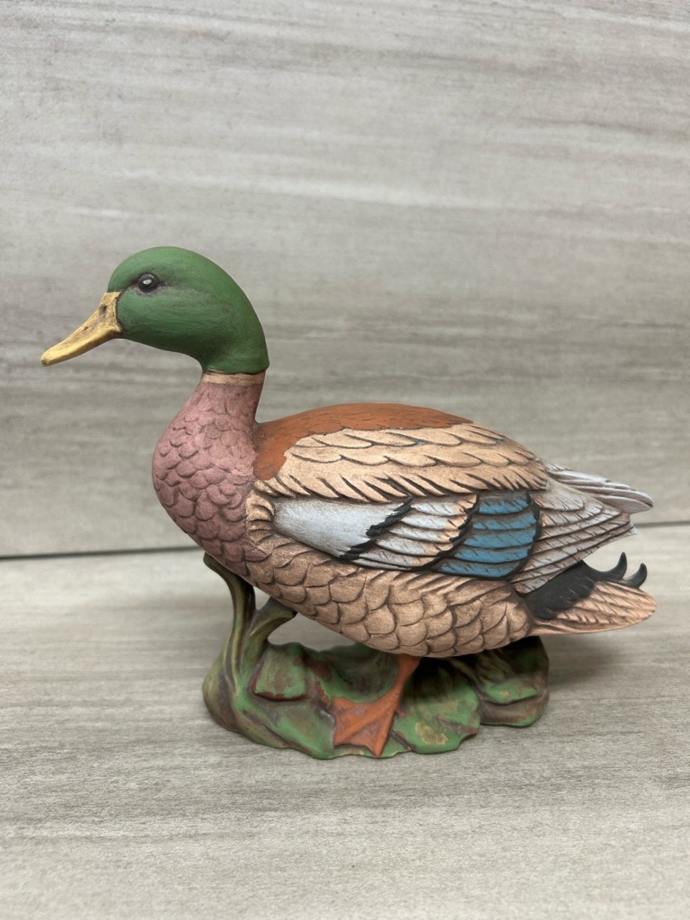 Hand-Painted Mallard Duck Figurine - Green Head, Blue Wing Accents